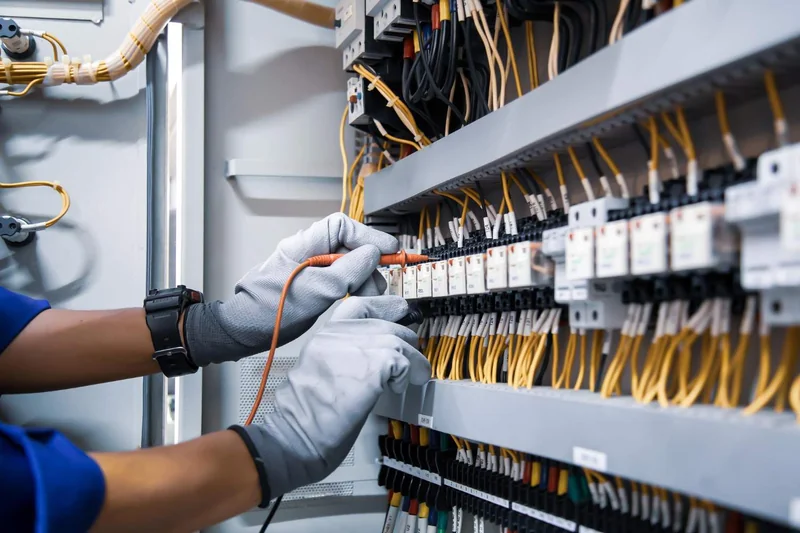 Electricista trabajando en un cuadro eléctrico con guantes