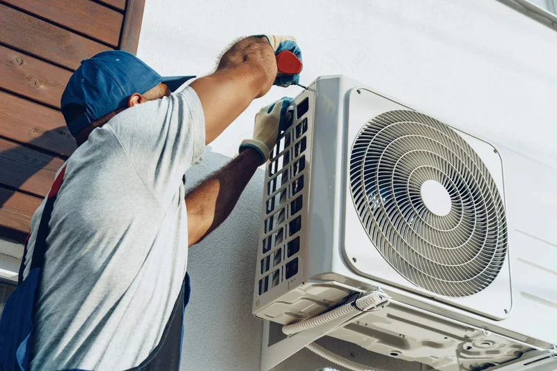 Técnico instalando la unidad exterior de un aire acondicionado